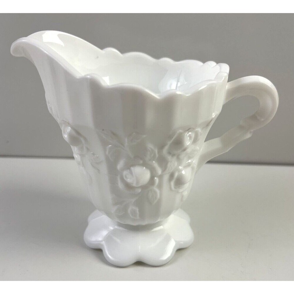 Fenton White Milk Glass 'Rose' Vintage Footed Scalloped Creamer - Minor Chip